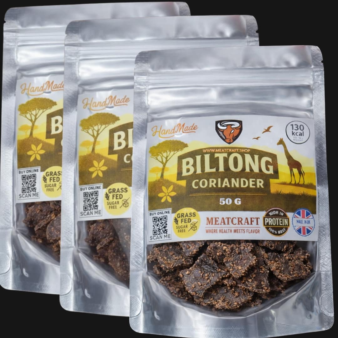 MeatCraft coriander biltong 50g handcrafted air-dried beef snack in resealable pouch.