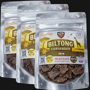 MeatCraft coriander biltong 50g handcrafted air-dried beef snack in resealable pouch.