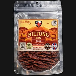 Handcrafted BBQ biltong from MeatCraft LTD, air-dried beef snack, thin sliced, high protein, 30g pack, UK