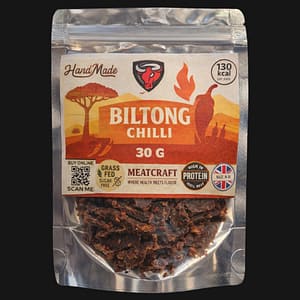 Handcrafted chilli biltong from MeatCraft LTD, air-dried beef snack, high protein, low sugar, 30g pack, UK